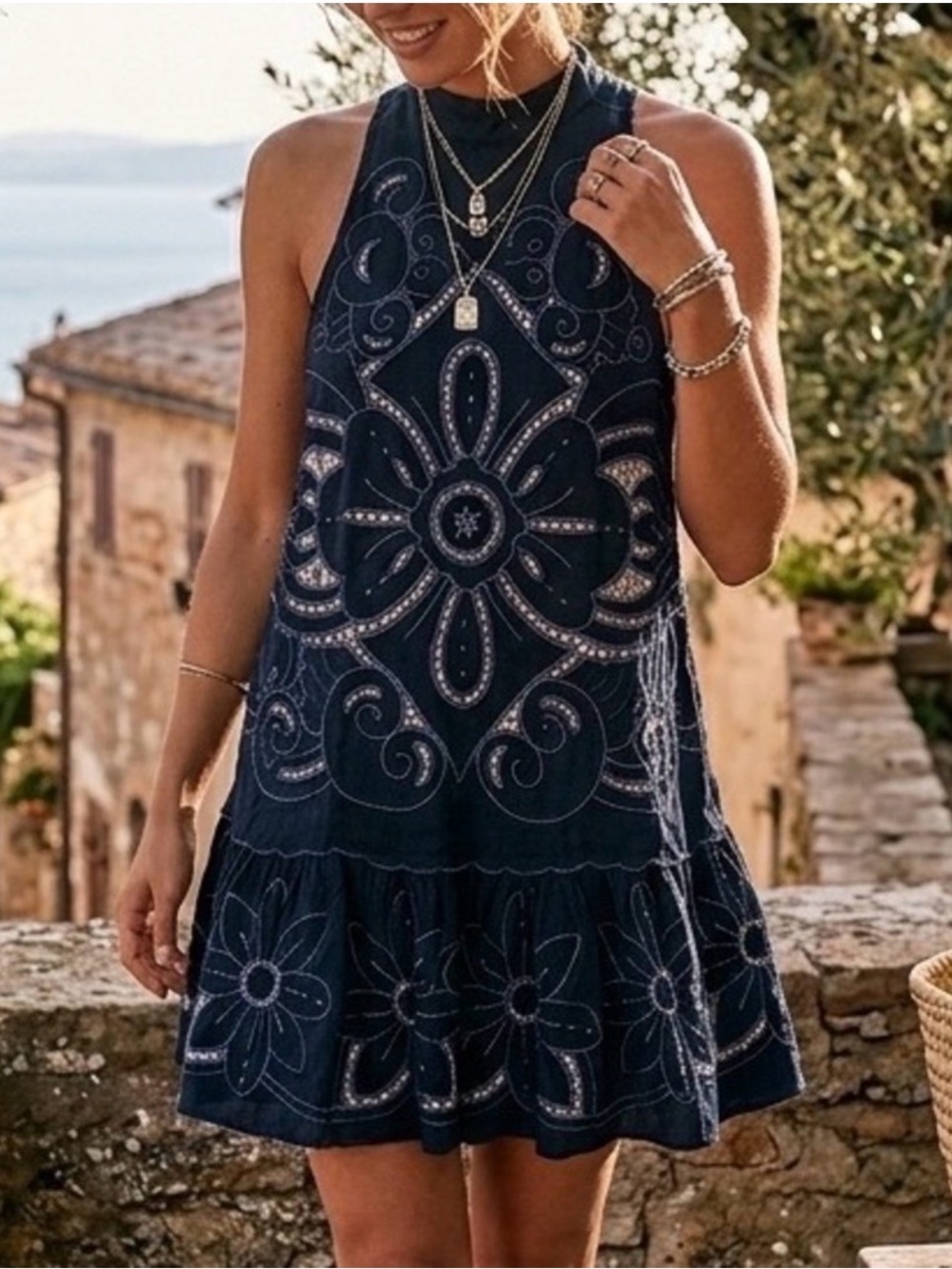 Free People Black Blue Floral Embroidered Eyelet Halter Mini
Dress OB489118 L